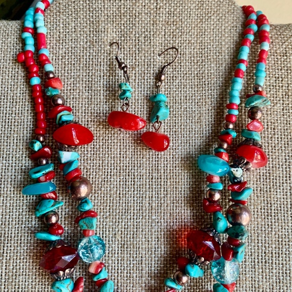 Gem & Enamel Pendant Necklace & Earring Set - Festival Wear Hippie - Boho Set - Picture 3 of 14